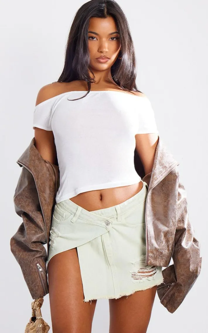 Ice Blue Vintage Wash Distressed Cross Over Denim Mini Skirt