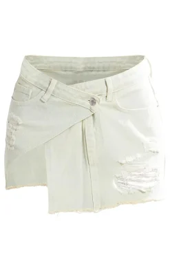 Ice Blue Vintage Wash Distressed Cross Over Denim Mini Skirt