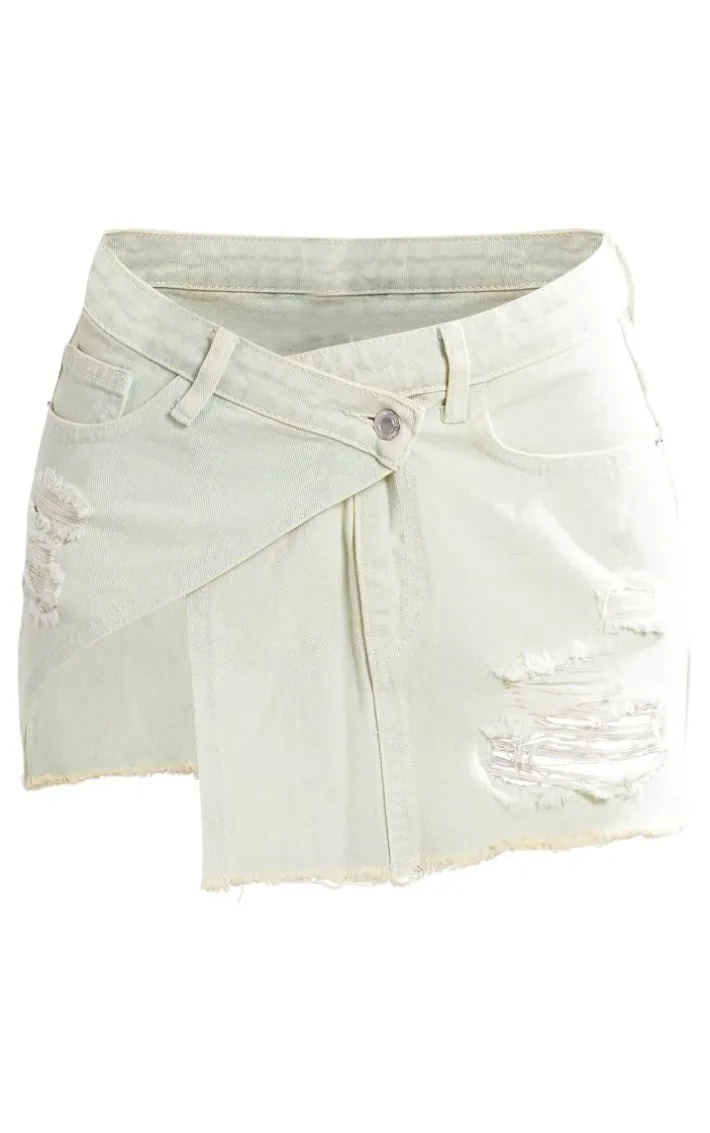 Ice Blue Vintage Wash Distressed Cross Over Denim Mini Skirt