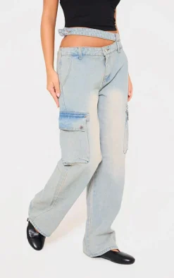 Ice Blue Washed Cut Out Waistband Pocket Detail Jeans