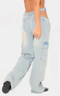 Ice Blue Washed Cut Out Waistband Pocket Detail Jeans