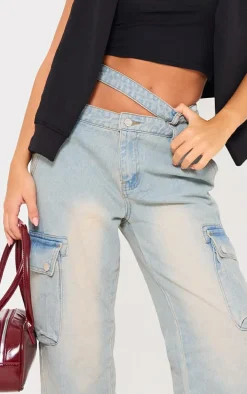 Ice Blue Washed Cut Out Waistband Pocket Detail Jeans