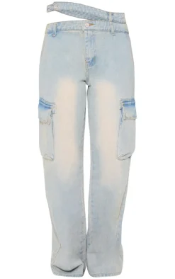 Ice Blue Washed Cut Out Waistband Pocket Detail Jeans