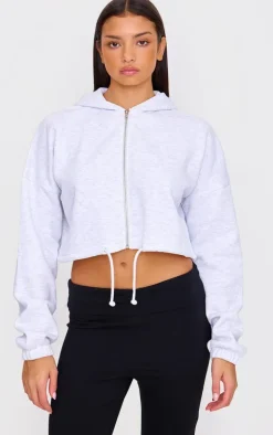 Ice Grey Toggle Waist Zip Up Cropped Hoodie
