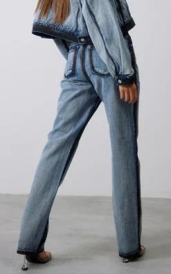 Indigo Blue Wash Contrast Edge Washed Down Straight Leg Denim Jeans