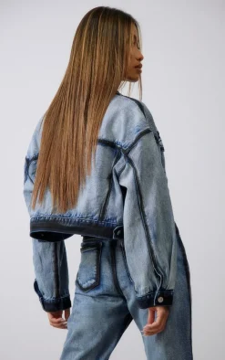 Indigo Blue Wash Contrast Edge Washed Down Cropped Denim Jacket