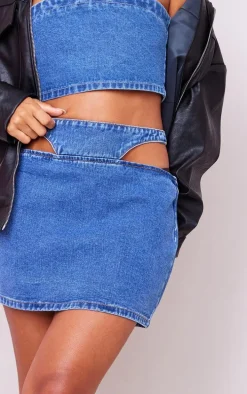 Indigo Blue Wash Cut Out Waistband Denim Mini Skirt