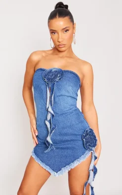 Indigo Blue Wash Flower Raw Hem Denim Mini Dress