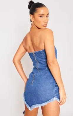 Indigo Blue Wash Flower Raw Hem Denim Mini Dress