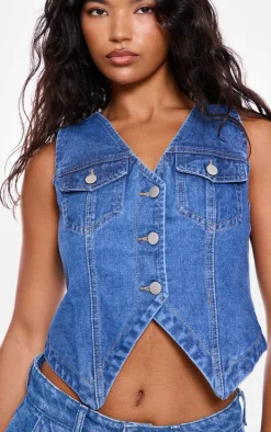 Indigo Blue Wash Halterneck Button Front Denim Vest