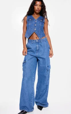 Indigo Blue Wash Halterneck Button Front Denim Vest