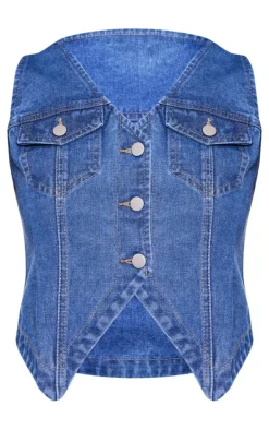 Indigo Blue Wash Halterneck Button Front Denim Vest
