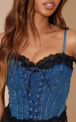 Indigo Blue Wash Lace Trim Denim Corset Top