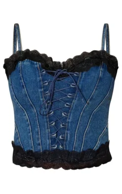 Indigo Blue Wash Lace Trim Denim Corset Top