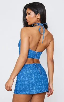 Indigo Blue Wash Laser Print Denim Halterneck Top