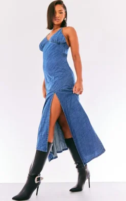 Indigo Blue Wash Lightweight Split Hem Denim Handkerchief Dress