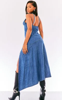 Indigo Blue Wash Lightweight Split Hem Denim Handkerchief Dress