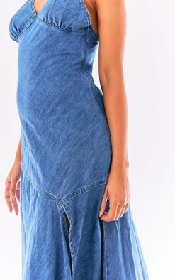 Indigo Blue Wash Lightweight Split Hem Denim Handkerchief Dress