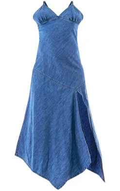 Indigo Blue Wash Lightweight Split Hem Denim Handkerchief Dress