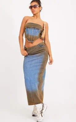 Indigo Blue Wash Overdyed Denim Midi Skirt