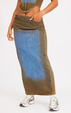 Indigo Blue Wash Overdyed Denim Midi Skirt