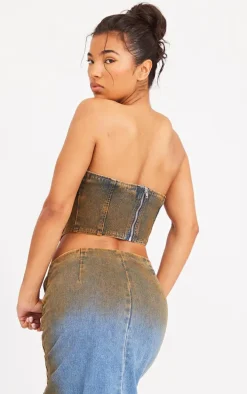 Indigo Blue Wash Overdyed Seam Detail Denim Corset Top
