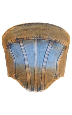 Indigo Blue Wash Overdyed Seam Detail Denim Corset Top
