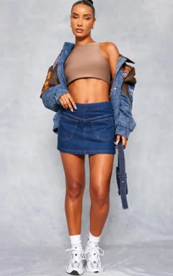 Indigo Blue Wash Pocket Front Reverse Look Denim Mini Skirt
