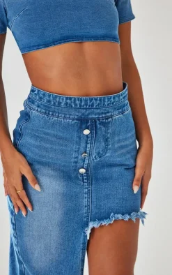 Indigo Blue Wash Raw Hem Asymmetric Denim Midi Skirt