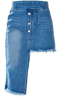 Indigo Blue Wash Raw Hem Asymmetric Denim Midi Skirt