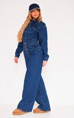 Indigo Blue Wash Seam Detail Button Up Denim Jumpsuit