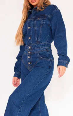 Indigo Blue Wash Seam Detail Button Up Denim Jumpsuit