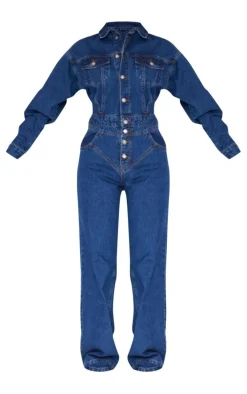 Indigo Blue Wash Seam Detail Button Up Denim Jumpsuit