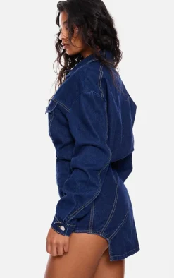 Indigo Blue Wash Seam Detail Curved Hem Denim Mini Dress