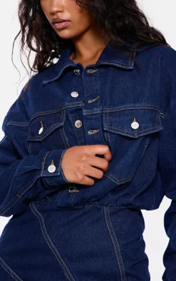 Indigo Blue Wash Seam Detail Curved Hem Denim Mini Dress