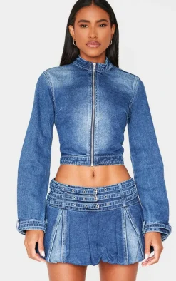 Indigo Buckle Detail Cropped Moto Jacket