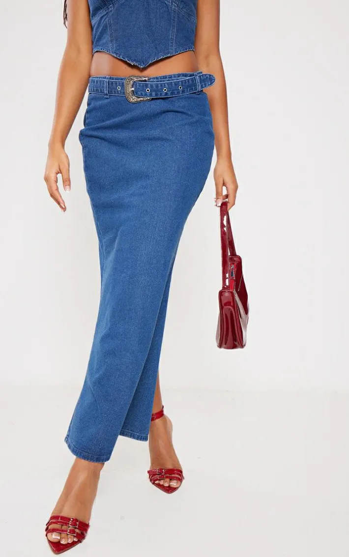 Indigo Buckle Detail Denim Maxi Skirt