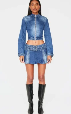 Indigo Buckle Detail Denim Puffball Mini Skirt