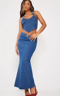 Indigo Buckle Detail Halterneck Crop Denim Top