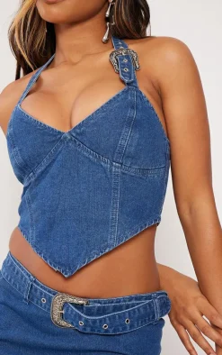 Indigo Buckle Detail Halterneck Crop Denim Top