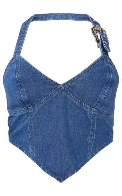 Indigo Buckle Detail Halterneck Crop Denim Top