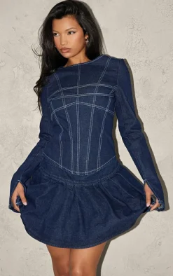 Indigo Corset Seam Detail Long Sleeve Denim Crop Top