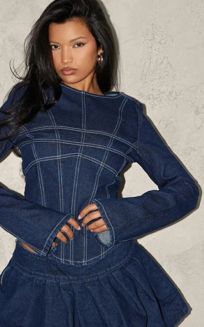 Indigo Corset Seam Detail Long Sleeve Denim Crop Top