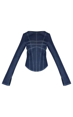 Indigo Corset Seam Detail Long Sleeve Denim Crop Top