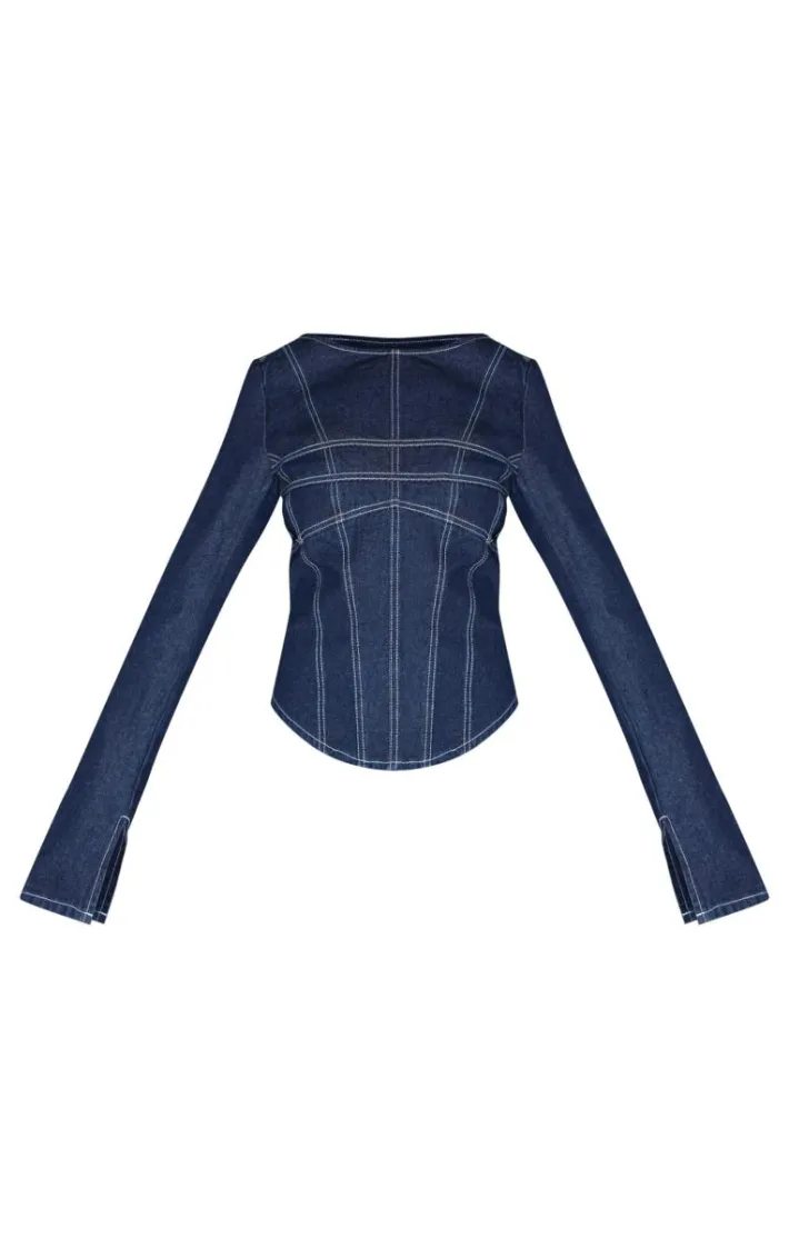 Indigo Corset Seam Detail Long Sleeve Denim Crop Top