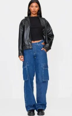Indigo Cut Out Asymmetric Waistband Cargo Jeans