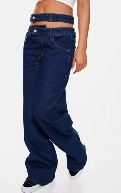 Indigo Cut Out Detail Cargo Pocket Wide Leg Jeans