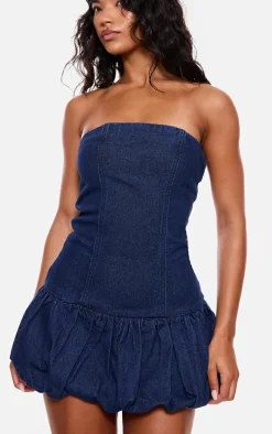 Indigo Denim Bandeau Puffball Mini Dress