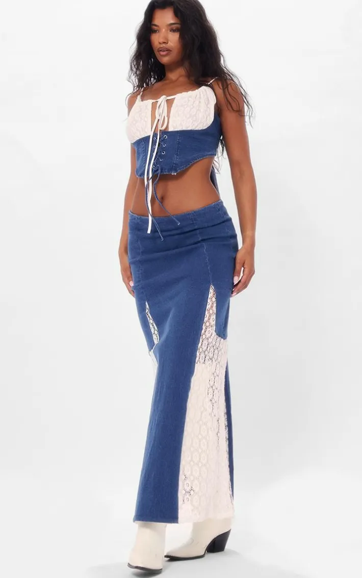 Indigo Denim Lace Insert Maxi Skirt