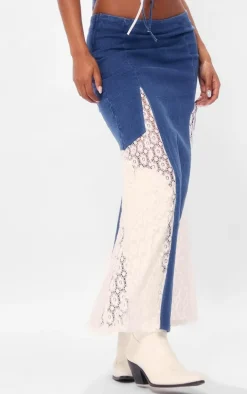 Indigo Denim Lace Insert Maxi Skirt